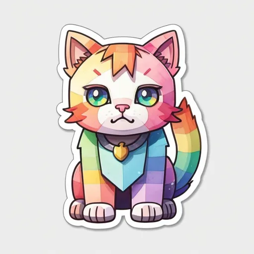 Prompt: Sticker design Minecraft-style cat, watercolor, pastel rainbow, flat colors, isolated on a white background