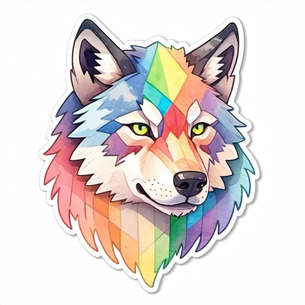 Prompt: Sticker design Minecraft-style wolf, watercolor, pastel rainbow, flat colors, isolated on a white background