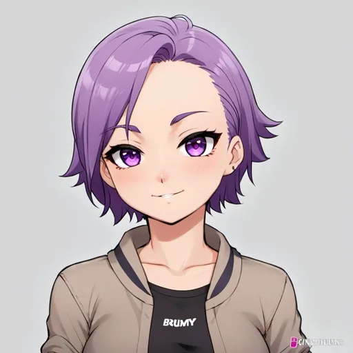 Prompt: curvy girl, short purple hair, grey eyes, smirk, cute face, high-res, fantasy, digital art, detailed clothing, brawler clothing, high quality, detailed, fantasy art, anime, cartoon art, cleavage, band-aid on nose, digital painting, 2D