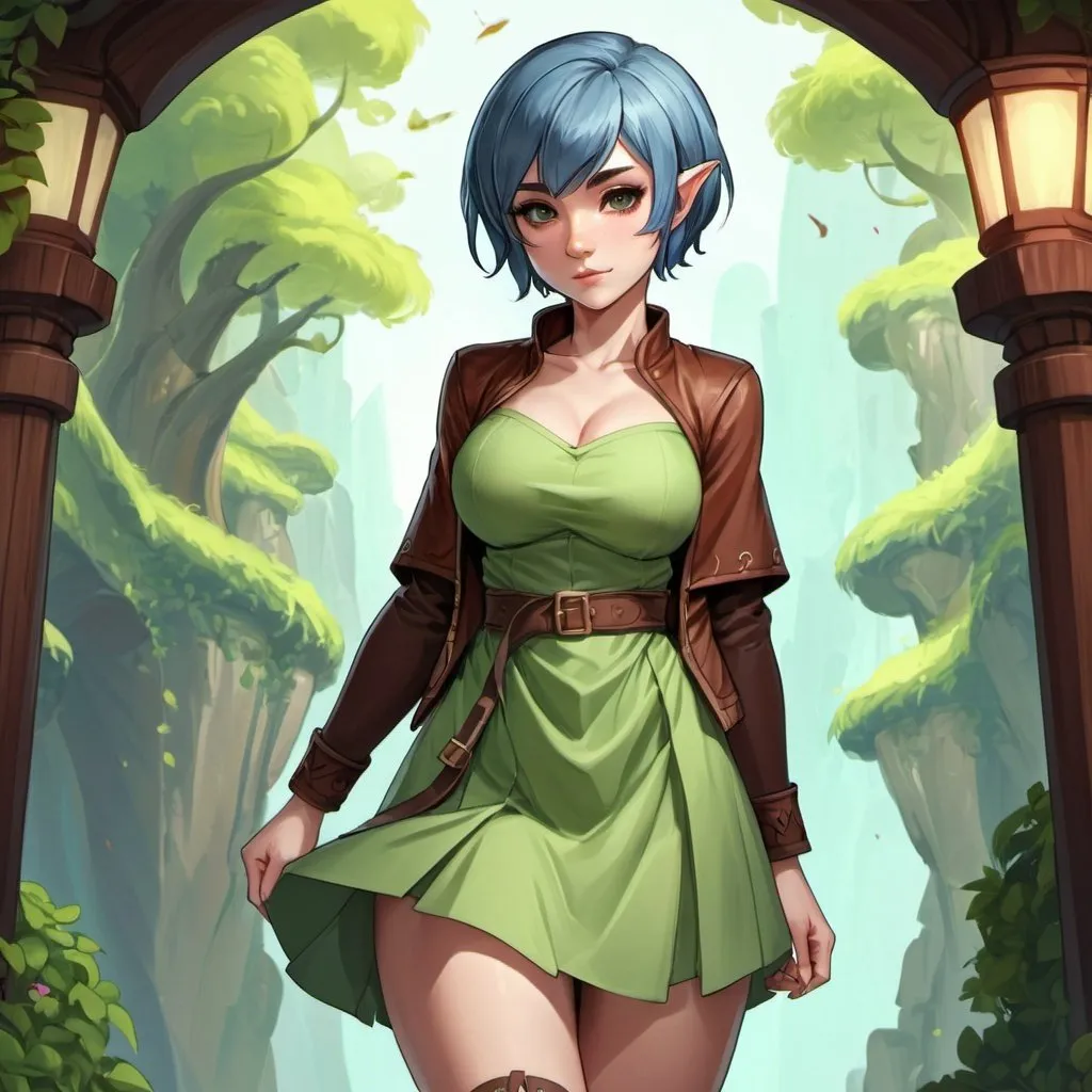 Prompt: curvy girl, short blue hair, blank expression, cute face, high-res, fantasy, digital art, detailed clothing, light green dress, mahogany jacket, high quality, detailed, fantasy art, digital painting, anime, cartoon, elf girl, short skirt, sandals, 