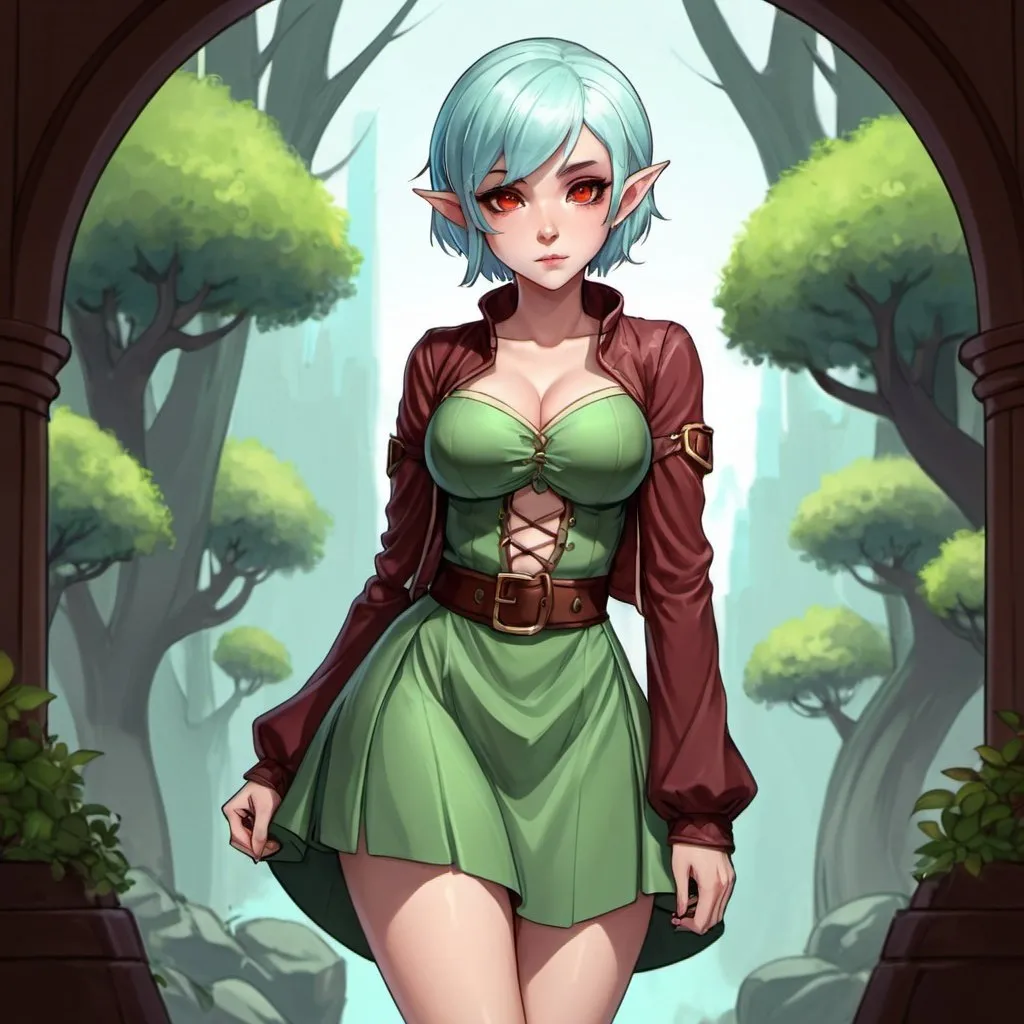 Prompt: curvy girl, short light blue hair, blank expression, cute face, high-res, fantasy, digital art, detailed clothing, light green dress, mahogany jacket, high quality, detailed, fantasy art, digital painting, anime, cartoon, elf girl, short skirt, sandals, dark red eyes, cleavage