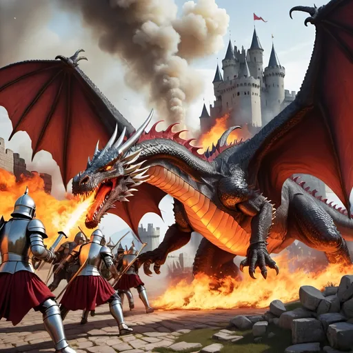 Prompt: Knights charging towards a giant fire breathing dragon destroying a castles. 