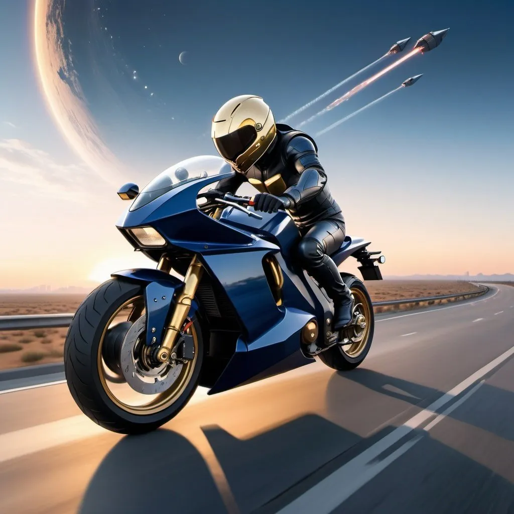 Prompt: A rear view from a distance at 35 degrees of a male riding a futuristic Akira motorcycle in midnight blue with a grey helmet gold visor riding fast towards a giant space elevator to the sky in the background on the right at sunset on an empty road.