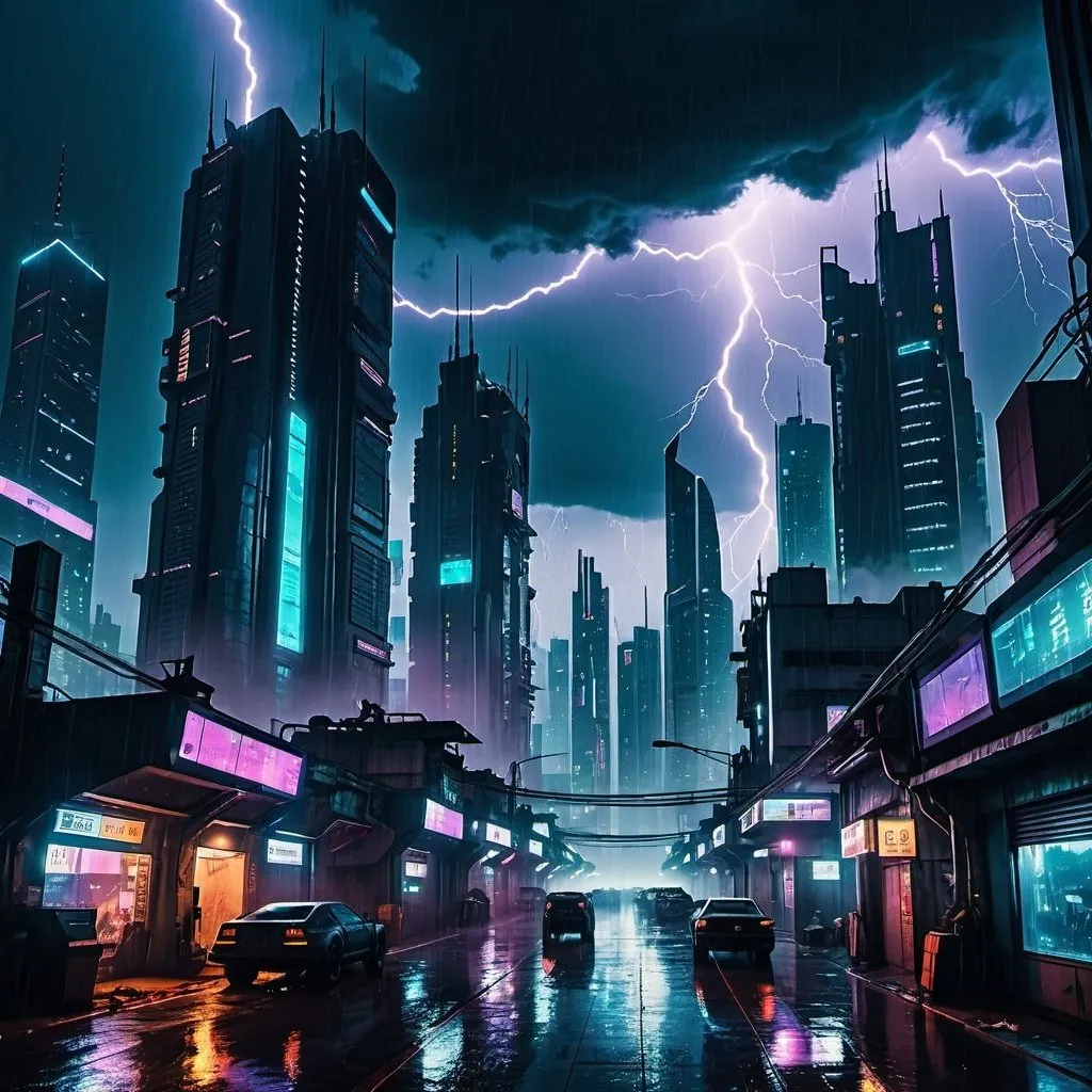 Prompt: A futuristic cyberpunk city skyline at night during a thunderstorm