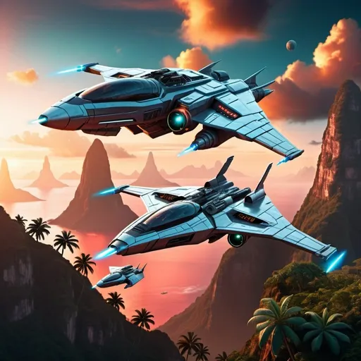 Prompt: Two futuristic space fighter spaceships flying over a tropical mountainside during sunset.