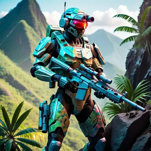 Prompt: A mysterious futuristic soldier in futuristic camouflage hologram armor with laser sniper rifle perched on a tropical mountainside.