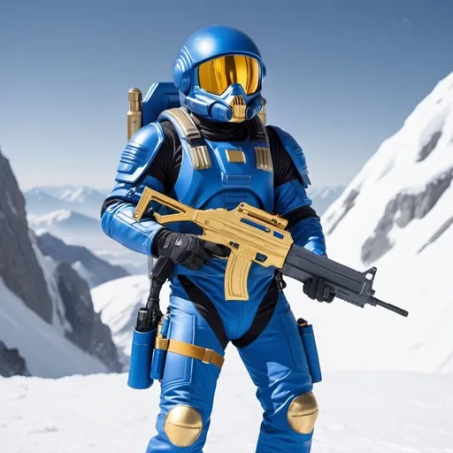 Prompt: Space Soldier with jet pack in blue form fitting space suit with grey helmet and gold face visor. Laser rifle and laser gun holstered. Snow mountain battle.