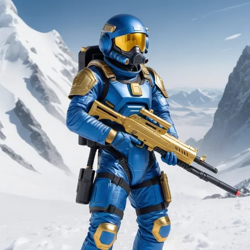 Prompt: Space Soldier with jet pack in blue form fitting space suit with grey helmet and gold face visor. Laser rifle and laser gun holstered. Snow mountain battle.