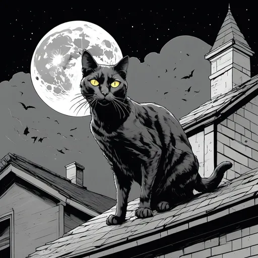 Prompt: A black cat with yellow eyes hunting prey while walking along a building roof in a bad neighborhood at night with a large full moon. 