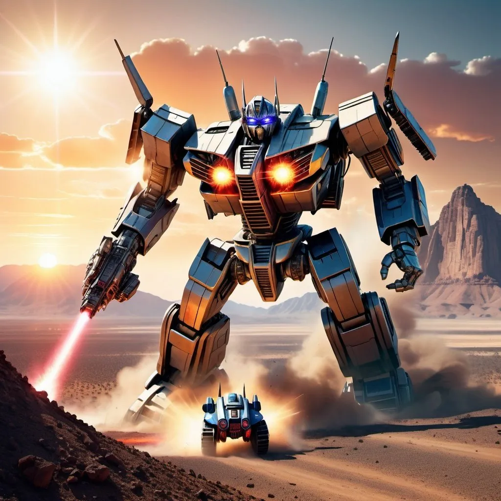 Prompt: A spaceship in the foreground escaping from the head of a giant transformer robot and arm shooting lasers out of its eyes and mouth, looking angry, stuck in the ground and attacking on a mountain desert landscape on an edge at sunset.


