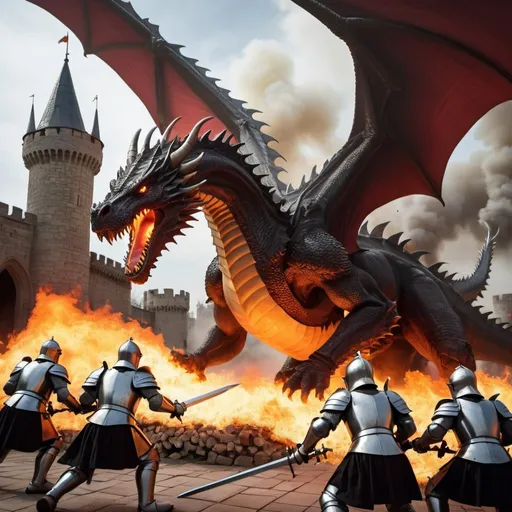 Prompt: Knights charging towards a giant fire breathing dragon destroying a castles. 