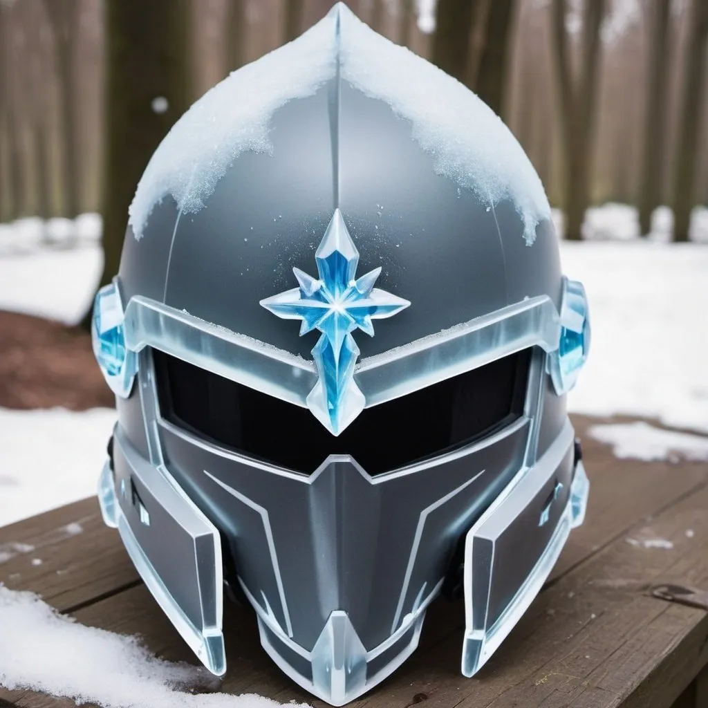 Prompt: Ein helm aus den Anime Sword art online im frost stil mit frostkristallen einer eisrose als verzierung im stirn bereich und dörner die sich über den ganzen helm erstrecken.