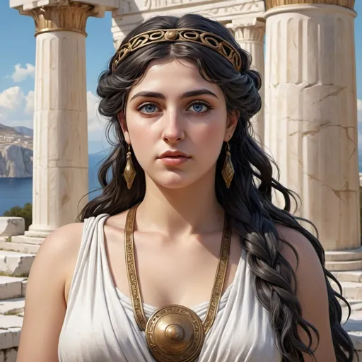 Prompt: Beautiful Greek godess hestia, Bronze Age. Picturesque Ancient Greek marble village background., digital painting, digital illustration, extreme detail, digital art, 4k, ultra hd, detailed, realistic face, digital portrait, artstation, hd, hyperrealism, beautiful landscape, realistic and natural, detailed full-color, nature