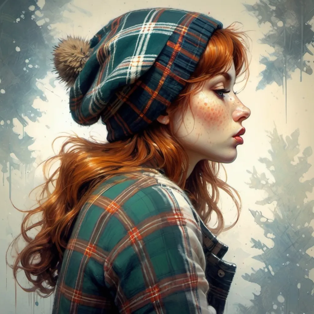 Prompt: pretty freckles Tartan Plaid kiss bobblehat as digital pointillism beautiful gesture expression by Tran Nguyen Jeremy Mann Frank Frazetta Carne Griffiths WLOP, Intricate, Complex contrast, HDR, Sharp, soft Cinematic Volumetric lighting, stylized colours, wide long shot, perfect fantasy art masterpiece