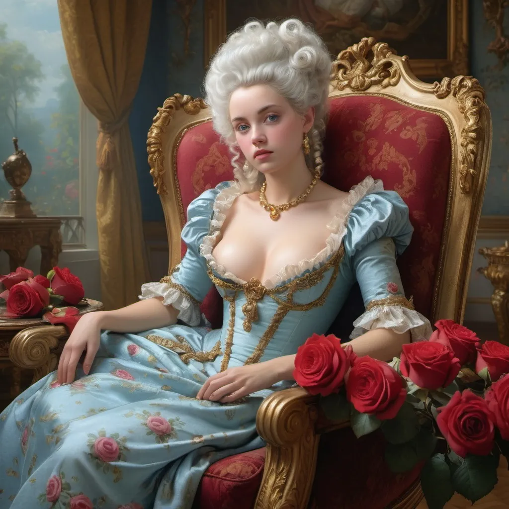 Prompt: beautiful girl Rococo-gold, gros seins,  (high detailed) in the chair of red roses with seins of figs fruit by Jean-Léon Gérôme, from 2006 film "Marie Antoinette "Insanely detailed full body portrait photography of a majestic beautiful fierce, WLOP, dynamic lighting, hyperdetailed, Intricately Detailed, Photorealism, Filmic, deep color, #film, 8K resolution ethereal fantasy hyperdetailed mist Thomas Kinkade