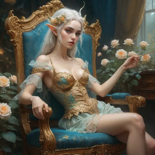 Prompt: beautiful elf girl Rococo-gold, (high detailed) in the chair in the garden of roses,  by Jean-Léon Gérôme, kiss bobblehat as digital pointillism beautiful gesture expression by Tran Nguyen Jeremy Mann Frank Frazetta Carne Griffiths WLOP, Intricate, Complex contrast, HDR, Sharp, soft Cinematic Volumetric lighting, stylized colours, wide long shot, perfect fantasy art, Insanely detailed full body portrait photography of a majestic beautiful fierce, WLOP, dynamic lighting, hyperdetailed, Intricately Detailed, Photorealism, Filmic, deep color, #film, 8K resolution ethereal fantasy hyperdetailed mist Thomas Kinkade