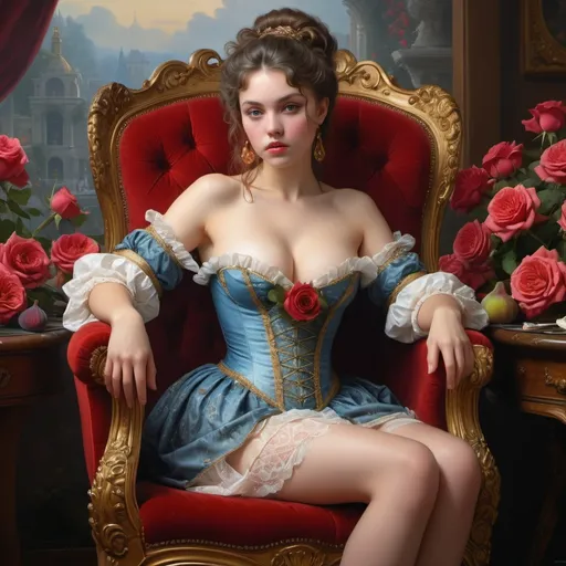 Prompt: beautiful girl Rococo-gold, gros seins,  (high detailed) in the chair of red roses with seins of figs fruit by Jean-Léon Gérôme, from 2011 film "The three musketeers", Insanely detailed full body portrait photography of a majestic beautiful fierce, WLOP, dynamic lighting, hyperdetailed, Intricately Detailed, Photorealism, Filmic, deep color, #film, 8K resolution ethereal fantasy hyperdetailed mist Thomas Kinkade