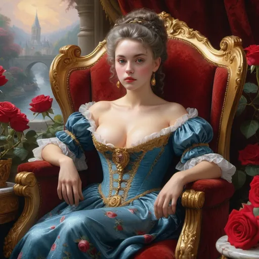 Prompt: beautiful girl Rococo-gold, gros seins,  (high detailed) in the chair of red roses with seins of figs fruit by Jean-Léon Gérôme, from 1998 film "Elizabeth", Insanely detailed full body portrait photography of a majestic beautiful fierce, WLOP, dynamic lighting, hyperdetailed, Intricately Detailed, Photorealism, Filmic, deep color, #film, 8K resolution ethereal fantasy hyperdetailed mist Thomas Kinkade