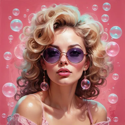 Prompt: Portrait of gorgeous woman with big hair and sunglasses posing surrounded by bubbles by Gil Elvgren and Carne Griffiths, fun pink background, Lou Xaz