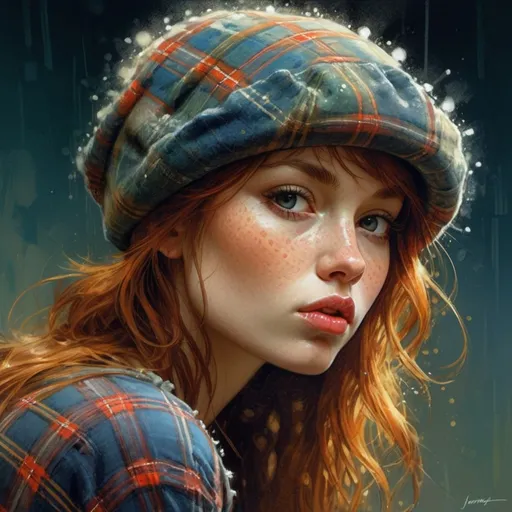 Prompt: pretty freckles Tartan Plaid kiss bobblehat as digital pointillism beautiful gesture expression by Tran Nguyen Jeremy Mann Frank Frazetta Carne Griffiths WLOP, Intricate, Complex contrast, HDR, Sharp, soft Cinematic Volumetric lighting, stylized colours, wide long shot, perfect fantasy art masterpiece