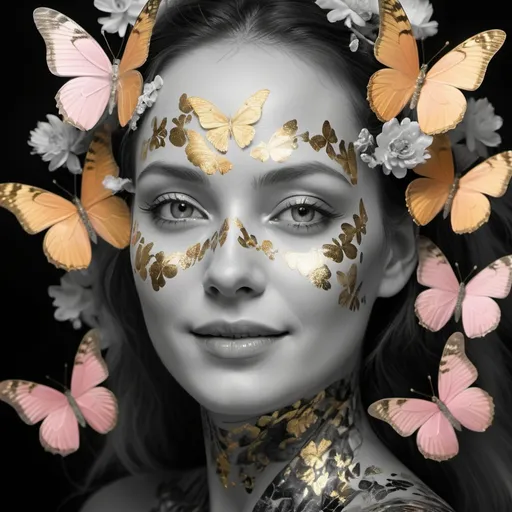 Prompt: Closeup woman android dressed in golden butterflies cloud, minerals, in the style of ethereal portraiture, black and white moire pattern on skin, flowers juxtaposition, bioluminescence, exaggerated facial features, black and white and green, pink, orange and gold, serene smilling faces, deep eyes, photographically detailed portraitures, chiaroscuro
