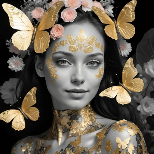 Prompt: <lora:Kyoot:1.0> Closeup woman android dressed in golden butterflies cloud, minerals, in the style of ethereal portraiture, black and white moire pattern on skin, flowers juxtaposition, bioluminescence, exaggerated facial features, black and white and green, pink, orange and gold, serene smilling faces, deep eyes, photographically detailed portraitures, chiaroscuro
