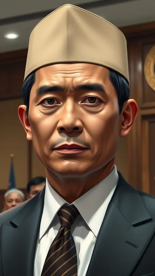 Prompt: A man with a dignified appearance, wearing a formal suit complete with a tie. His face has a firm and spirited expression, with neatly styled black hair and wearing a traditional Indonesian cap (peci). The background depicts a formal atmosphere, such as in an official room or government office. The artistic style is realistic, with attention to detail in the face and clothing.

