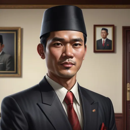 Prompt: A man with a dignified appearance, wearing a formal suit complete with a tie. His face has a firm and spirited expression, with neatly styled black hair and wearing a traditional Indonesian cap (peci). The background depicts a formal atmosphere, such as in an official room or government office. The artistic style is realistic, with attention to detail in the face and clothing.

