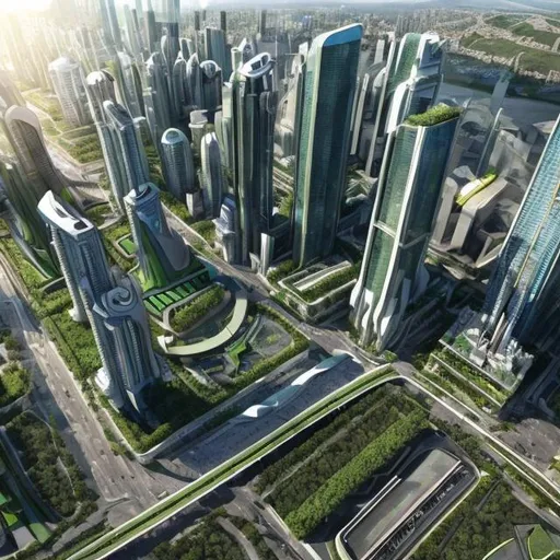 Prompt: Futuristic 3D rendering of a sustainable city, lush greenery covering skyscrapers, renewable energy sources, advanced transportation system, eco-friendly architecture, high quality, detailed, futuristic, 3D rendering, sustainable city, greenery, renewable energy, advanced transportation, eco-friendly architecture, vibrant color palette, natural lighting