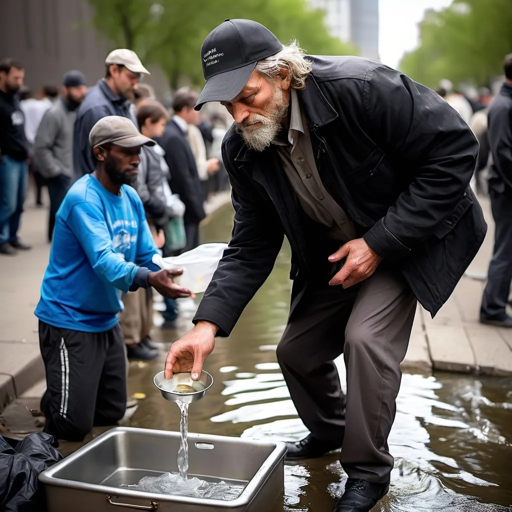 Prompt: make me a picture of this man serving river water to homeless people in ceremony.