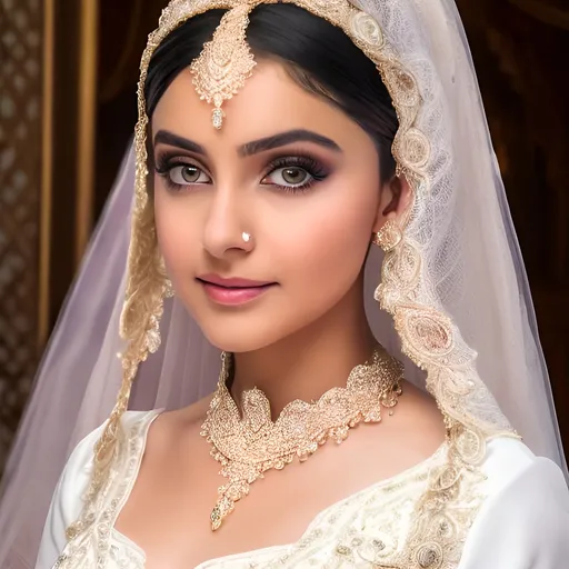 Prompt: beautiful young bride with white hijab, brown eyebrowns, light skin, wearing crown and veil on her head, royal, realistic, ultrarealistic, high quality art, bright eyes, medivial, goddess, long hair, royalty, beauty, real, fair, delicate, long lashes, symmetrical, wide eyes, natural make up