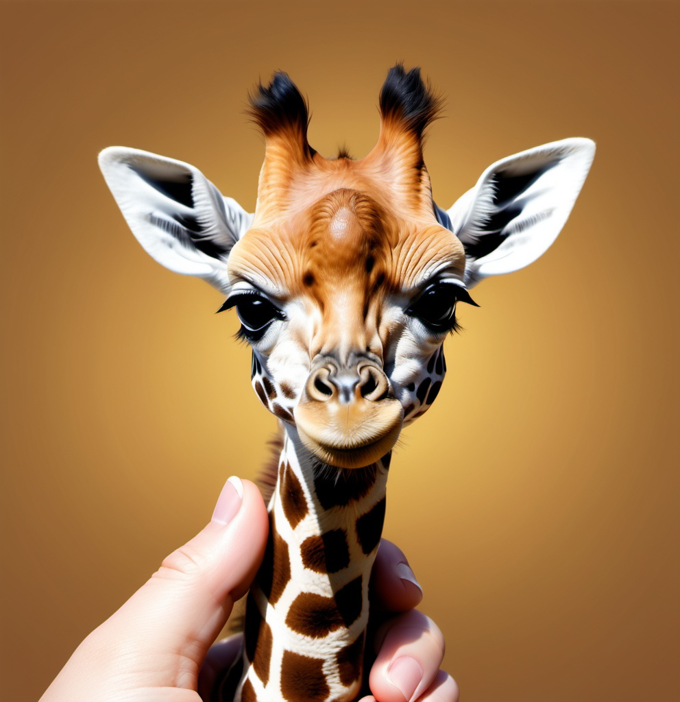 Prompt: Create a hyper-realistic image of a tiny baby giraffe sitting on a human thumb. The giraffe is i soft fur, and large, gentle eyes. It holds onto the thumb with its tiny, delicate hooves. The sce giraffe, highlighting its unique spots, delicate features, and soft fur, with the human hand blur emphasize the size contrast.