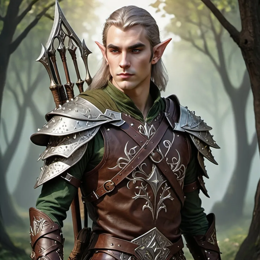 Prompt: Male elven ranger in studded leather armor with a bow and magic club