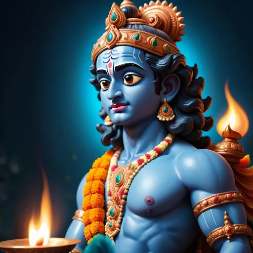 Prompt: An exquisite image of the Hindu god Sri Krishna with a luminous flame behind him