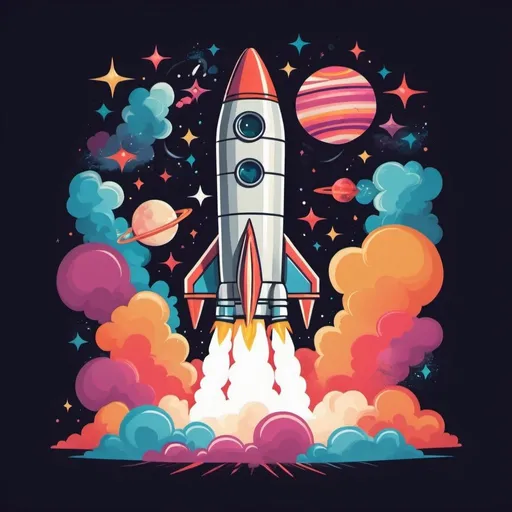 Prompt: Illustrated T-shirt design, "Create a flat vector style cartoony illustration of a rocket ship preparing to launch at an angle. The rocket is on a launch pad with vibrant colors and simplified shapes. Colorful clouds surround the scene, adding to the whimsical effect. Instead of smoke, a galaxy with stars and cosmic elements comes out of the exhaust, creating a magical and enchanting atmosphere.











