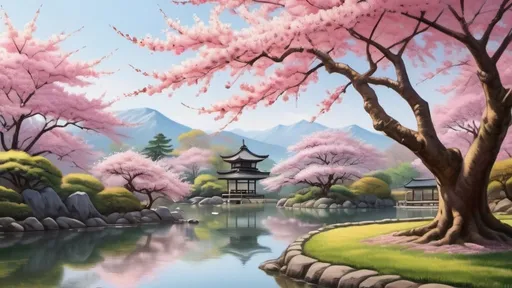 Prompt: high resolution, 4k, detailed, high quality, professional, wide view, Japanese cherry blossom tree in brushed stylized painting style, traditional Japanese garden, serene atmosphere, high quality, brushed painting, cherry blossoms in full bloom, detailed petals, soft pastel colors, serene ambiance, tranquil setting, traditional art style, calming atmosphere, natural beauty, peaceful, high resolution, detailed art, art quality, traditional Japanese scene , fall season, 