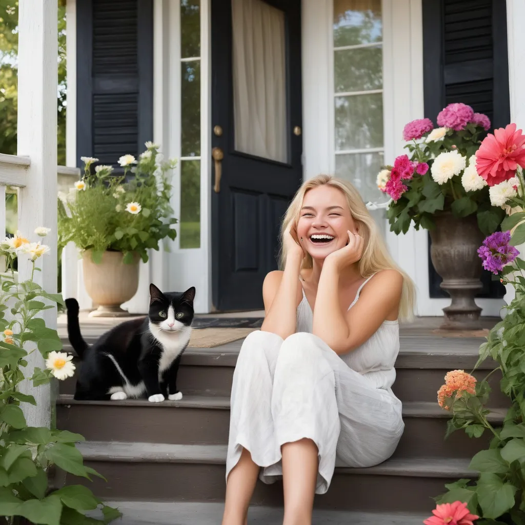 Prompt: a beautiful laughing blonde woman is sitting on the porch of her small old house surrounded by beautiful flowers and greenery and a black and white cat at her feet