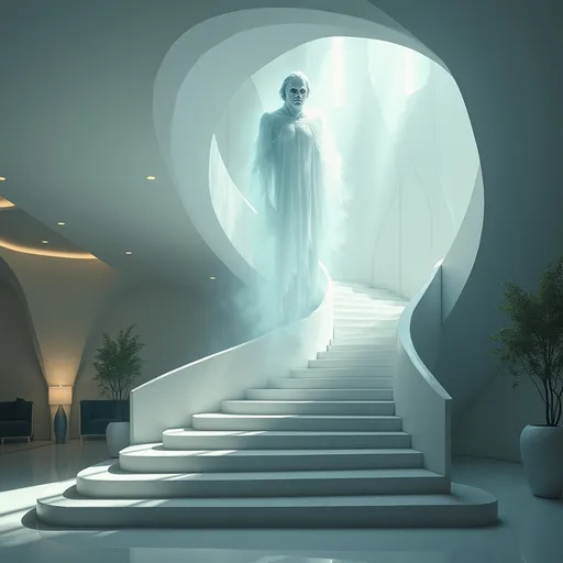 Prompt: Envision a sleek, modern house bathed in soft, ambient light, where a sweeping staircase, crafted from polished white marble and white balustrade ascends gracefully. At the top, an ethereal male apparition is materializing with a visible face, its ghostly form flickering with a translucent glow, shimmering like mist under the gentle cascade of luminance. The air is thick with an otherworldly energy, and silhouettes of contemporary furniture hover in the periphery, hinting at life yet deserted. Shadows play delicately against the walls, enhancing the supernatural ambiance, while the faint whispers of a draft beckon the viewer closer to the apparition, its expression a haunting mixture of serenity and melancholy. The scene captures a dreamlike quality, reminiscent of cinematic supernatural art, inviting intrigue and contemplation.