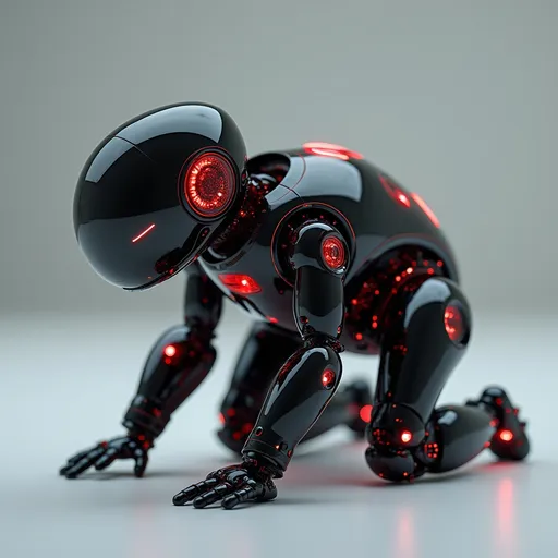 Prompt: A sleek, futuristic robotic creature crouches low to the surface, its glossy black exterior reflecting a soft ambient light. This design features glowing accents in vibrant red, which pulse softly, illuminating the intricate circuitry visible through transparent panels on its body. The robot’s limbs are articulated and rounded, evoking an organic yet mechanical form, with its head resembling a helmet that houses bright lighted eyes. Set against a minimalistic gray background, the image conveys a sense of serene technology, blending a whimsical aesthetic with a hint of advanced engineering, suggesting a narrative of playful innovation in a sleek, modern world.
