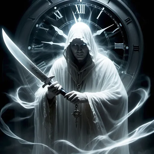 Prompt: High-definition, high-res, ghostly spirit with a knife, ethereal clock with a knife, wispy and white, intense battle, supernatural showdown, detailed and intricate, eerie lighting, transparent and ghost-like, haunting atmosphere, surreal, high-quality digital art, ghostly, supernatural, detailed knives, mystical, intense and dramatic