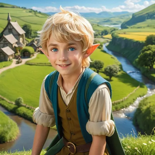 Prompt: Blonde, bright blue-eyed Hobbit-like boy, pointy elf-ears, small stature, happy expression, beautiful farmland, river, sunny day, high detail, high resolution, fantasy, idyllic, detailed surroundings, serene lighting, picturesque landscape