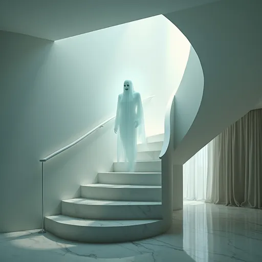 Prompt: Envision a sleek, modern house bathed in soft, ambient light, where a sweeping staircase, crafted from polished white marble and white balustrade ascends gracefully. At the top, an ethereal male apparition is materializing, its ghostly form flickering with a translucent glow, shimmering like mist under the gentle cascade of luminance. The air is thick with an otherworldly energy, and silhouettes of contemporary furniture hover in the periphery, hinting at life yet deserted. Shadows play delicately against the walls, enhancing the supernatural ambiance, while the faint whispers of a draft beckon the viewer closer to the apparition, its expression a haunting mixture of serenity and melancholy. The scene captures a dreamlike quality, reminiscent of cinematic supernatural art, inviting intrigue and contemplation.