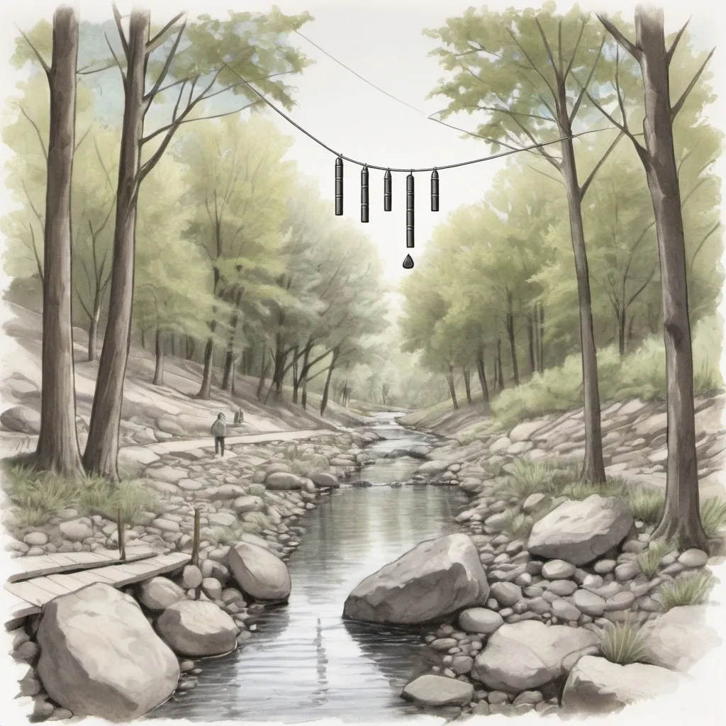 Prompt: graphic sketch of creek. trees on each side of creek. wind chimes (metal chimes) in foreground and background inside trees, running parallel with creek. please add figures of people In backgound walking on stones along creek 