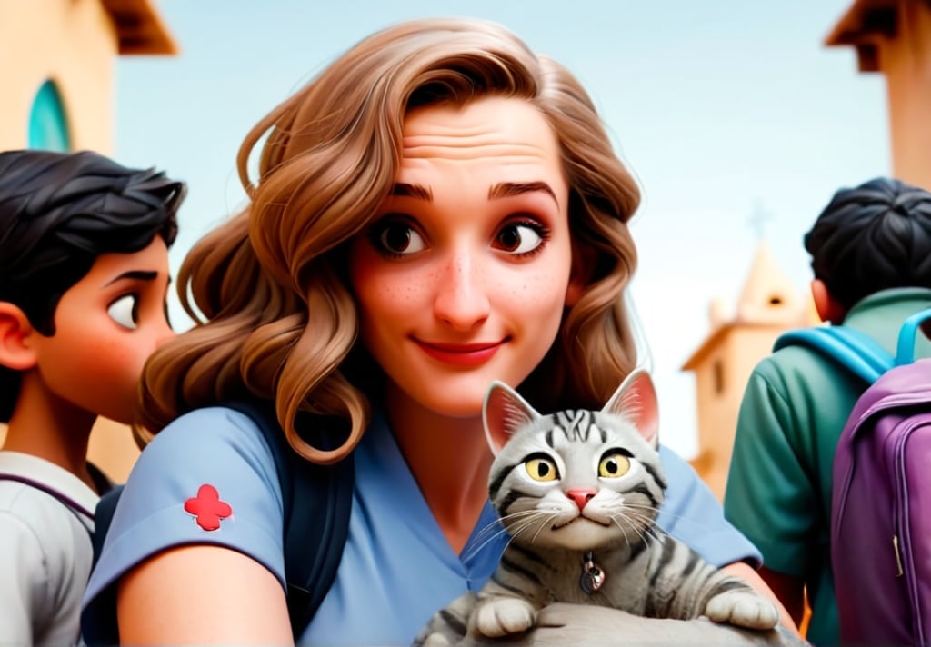 Prompt: Disney style 32 year old woman who is surrounded by middle eastern refugee children. She is a nurse handing out food to the children and providing medical care. She has her gray tabby cat in her backpack. 