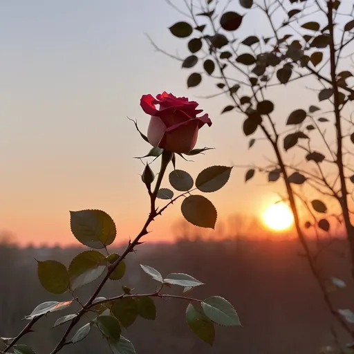 Prompt: a rose is sitting on a branch with the sun setting in the background and a few leaves on the branch, Cindy Wright, neo-romanticism, roses, a picture