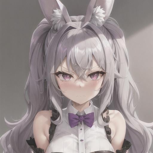 Prompt: a cute anime bunny girl with grey hair and purple-colored eyes, she resembles a dust bunny with messy and wavy long hair, the fur on her ears is fluffy and she look at you from a certain distance as she sits stands in front of you. her face forms a cute but annoyed expression with furrowed brows, side ways mouth and puffing out her cheeks , also blushing. she wears a crop top or a bunny outfit in grey and pastel purple 