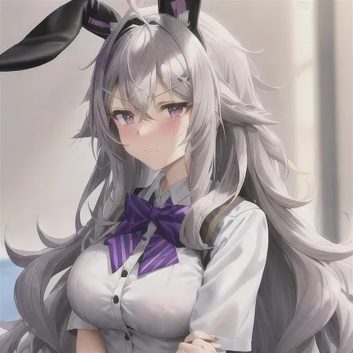 Prompt: a cute anime bunny girl with grey hair and purple-colored eyes, she resembles a dust bunny with messy and wavy long hair, the fur on her ears is fluffy and she look at you from a certain distance as she sits stands in front of you. her face forms a cute but annoyed expression furrowed brows , just a bit slight of blush. she wears a sailor or a bunny outfit in grey and pastel purple, pink colors and has a necklace around her neck in the form of a bow,  which is white or lilac. 