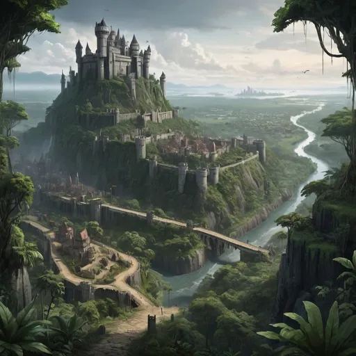 Prompt: A large landscape with a large grey and black fortress city in the distance surrounded by a jungle. Trails and roads throughout a lush jungle, with settlements scattered throughout the jungle landscape. the themeing is medieval fantasy.