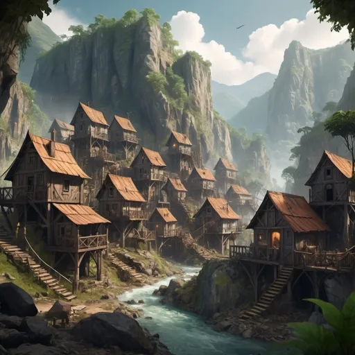 Prompt: Mountainous mining town in the jungle. medieval fantasy theme
