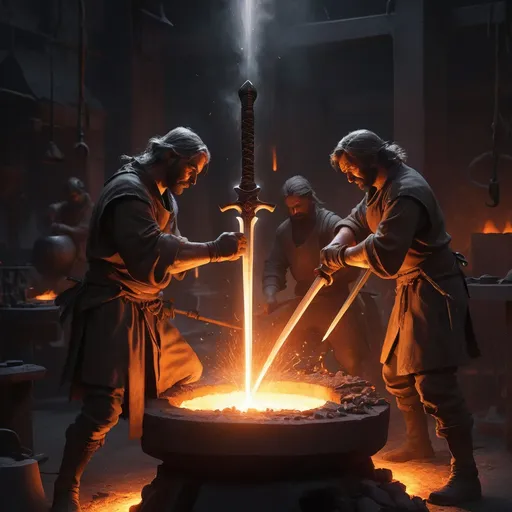 Prompt: "Create an ultra-detailed, cinematic illustration of a multiple figures sharpening a sword beside a glowing forge. In the background, iron is being melted in a crucible, with molten metal flowing into a mold. The scene is illuminated by the intense, fiery glow of the forge, casting dramatic highlights and shadows. Sparks fly from the grinding wheel as the figure—clothed in humble garments—works with deep focus and purpose.

The image should carry a symbolic Christian meaning, portraying the forge as a representation of sanctification and spiritual formation. The sword being sharpened symbolizes the Word of God (Hebrews 4:12), and the blacksmith represents the disciple being refined and prepared for spiritual battle (Ephesians 6:17). The melted iron in the background signifies the heart being reshaped and purified by fire (Malachi 3:3).

Use the world-building depth of Stephan Martinière, the dynamic emotion and storytelling style of Eiichiro Oda, and the vibrant, contemplative color palettes of Hiroshi Nagai. Make the lighting cinematic—contrasting the warm forge glow with cool ambient shadows. Prioritize insane detail and smooth textures: glowing metal, worn leather, sweat on the disciple's brow, and weathered stone floors—all contributing to the sense of spiritual intensity and transformation."